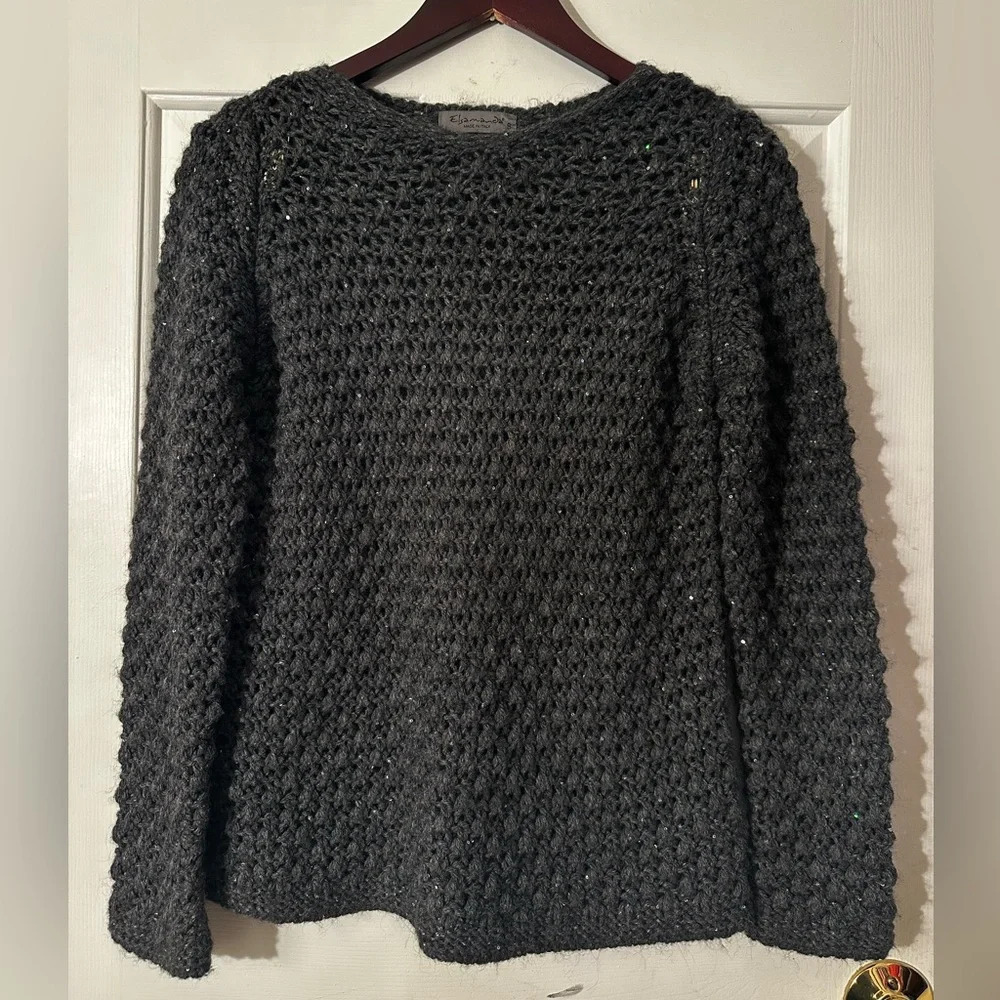ELSAMANDA Anthropologie ITALIAN Gray Popcorn Knit WOOL ALPACA SM Sparkle Sequin